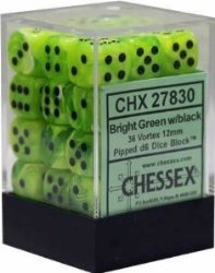Chessex Dice d6 Sets: Vortex Bright Green with Black – 12mm Six Sided Die (36) Block of Dice