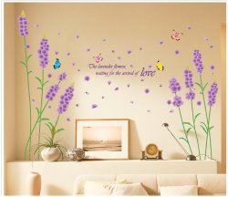 Kappier Beautiful Large Long Stem Lavender Flowers with Butterflies Waiting for the Arrival of Love Wall Decals