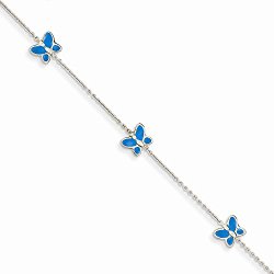 14K White Gold Blue Enameled Butterfly Anklet 10 Inches