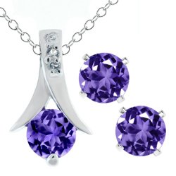 2.25 Ct Round Purple Amethyst .925 Silver Pendant and Earrings Set 18″ Chain
