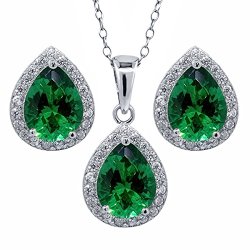 6.50 Ct Pear Shape Green Nano Emerald 925 Sterling Silver Pendant Earrings Set