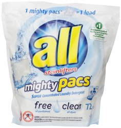 All Mighty Pacs Laundry Detergent, Free Clear, 72 Count