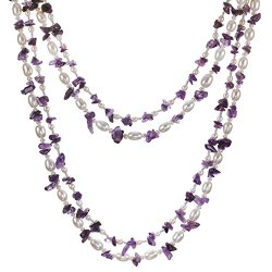 “Amelia” 2-Strand Amethyst and Freshwater Cultured Pearl Rope Necklace Earrings Set