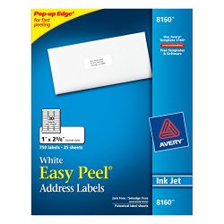 Avery Easy Peel Address Labels, Inkjet Printers, White, 1 x 2-5/8 Inch, Box of 750 empty address labels (25 Sheets / 30 per Sheet) (08160)