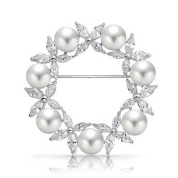 Bling Jewelry Rhodium Plated White Shell Pearl Marquise CZ Flower Wreath Brooch Pin