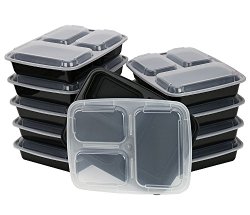 ChefLand 3-Compartment Microwave Safe Food Container with Lid/Divided Plate/Bento Box/Lunch Tray with Cover, Black, 10-Pack