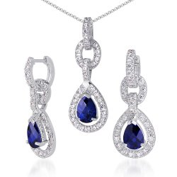 Created Sapphire Pendant Earrings Necklace Set Sterling Silver Tear Drop