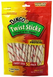 Dingo Twist Treat Sticks, Rawhide Chews With Chicken.10 OZ (50-PACK) (P-45022)