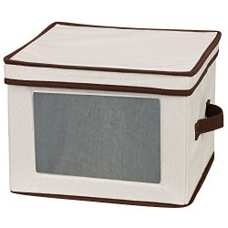 Household Essentials Dinner Plate Storage Chest, Natural Canvas with Brown Trim