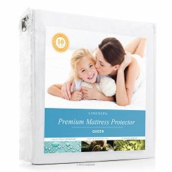 LINENSPA Premium Mattress Protector – 100% Waterproof – Hypoallergenic – 10 Year Warranty – Vinyl Free – Queen / White