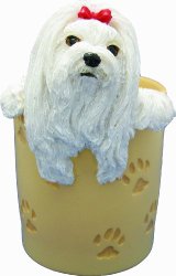 Maltese Pencil Cup Holder with Realistic Hand Painted Maltese Face and Paws Hanging Over Cup
