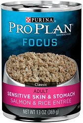 Purina Pro Plan Wet Dog Food, Focus,  Adult Sensitive Skin & Stomach Salmon & Rice Entrée, 13-Ounce Can, Pack of 12