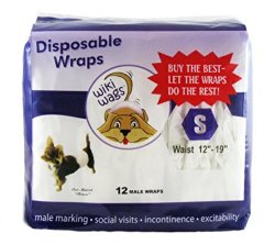 Wiki Wags Brand 12 Small Disposable Male Dog Wraps (Waist: 12″-19″)