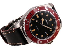 Fanmis Black Dial Sapphire Glass Miyota Black Leather Strap Automatic Mens Womens Wrist Watch Red Bezel