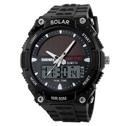 Fanmis Men’s Solar Powered Casual Quartz Watch Digital & Analog Multifunctional Sports Watch Black