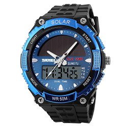 Fanmis Men’s Solar Powered Casual Quartz Watch Digital & Analog Multifunctional Sports Watch Blue