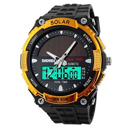 Fanmis Men’s Solar Powered Casual Quartz Watch Digital & Analog Multifunctional Sports Watch Gold