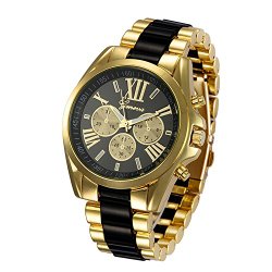 Fanmis Roman Numeral Gold Plated Metal Nylon Link Analog Disply Watch – Black