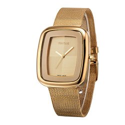 Ladies Mens Square Case Analog Display Quartz Gold Tone Stainless Steel Mesh Bracelet Luxury Wrist Watch