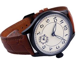Parnis Black Case Number White Dial Hand Wind Mechanical See-through Back Mens Womens Watch Brown Leather
