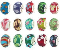 50 pc Lot Silver Lampwork Murano Glass European Mix Beads – Compatible with Most Major Charm Bracelets Such Chamilia, Troll, Biagi And More