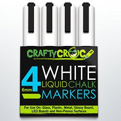 CraftyCroc 4 White Liquid CHALK MARKERS- 6mm Reversible Tip – Premium Quality Bold White Color Pen