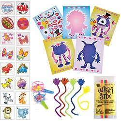84 Pc Kids Top Choice Party Favor Pack (12 Joke Wikki Stix, 12 Sticky Hands, 12 Make-a-monster Sticker Sheets, 12 Whistle Blow Saucers, 36 Kid’s Tattoos)