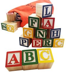 30 Alphabet Blocks with Letters Colors. Wooden Toddler, Preschool & Kindergarten Building Toy. Wood Reading Stacking with Carrying Tote