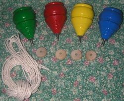 4 Classic WOODEN TOY SPINNING TOPS with Strings
