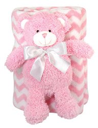 Stephan Baby Super-Soft Coral Fleece Blanket and Floppy Bear Gift Set, Pink Chevron, 11″