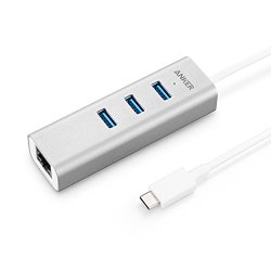 Anker USB-C to 3-Port USB 3.0 Hub with Ethernet Adapter for USB Type-C Devices Including the new MacBook, ChromeBook Pixel and More (Silver Aluminum)