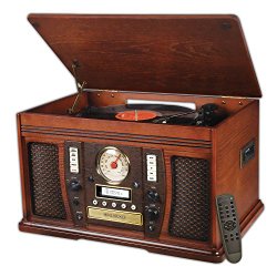 Innovative Technology ITVS-750B Nostalgic Aviator 7-in-1 Turntable Wooden Entertainment Center with Bluetooth, Mahogany