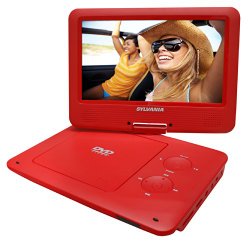 Sylvania 9-Inch Swivel Screen Portable DVD/CD/MP3 Player with 5 Hour Built-In Rechargeable Battery, USB/SD Card Reader, AC/DC Adapter, Red