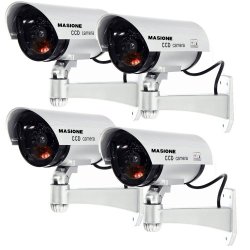 Masione 4 PACK OUTDOOR FAKE / DUMMY SECURITY CAMERA w/ Blinking Light CCTV SURVEILLANCE (Silver)