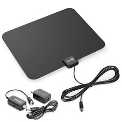 ViewTV Flat HD Digital Indoor Amplified TV Antenna – 50 Miles Range – Detachable Amplifier Signal Booster – 12ft Coax Cable – Black
