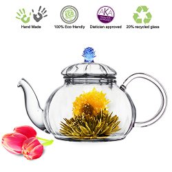 Blooming Tea Glass Teapot with Infuser Blue Juliet, 20oz/590ml Non-drip Lead Free Glass