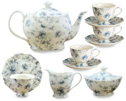 Gracie China Blue Rose Chintz 11-Piece Tea Service, 4-Cup Teapot Sugar Creamer and Four 7-Ounce Cups and Saucers