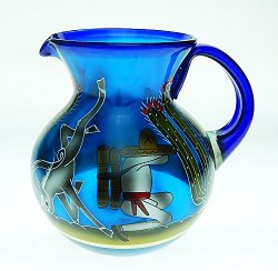 Mexican Glass Margarita or Ice Tea Pitcher, Hand Painted With Pancho Agave and Saguaro Cactus