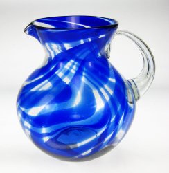 Mexican Glass Margarita or Juice Pitcher, Blue Swirl Design, Bola or Bowl Shape Design