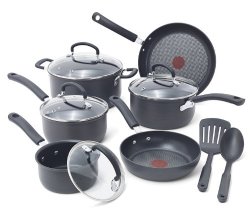 T-fal E918SC Ultimate Hard Anodized Durable Nonstick Expert Interior Thermo-Spot Heat Indicator Anti-Warp Base Dishwasher Safe PFOA Free Oven Safe Cookware Set, 12-Piece, Gray
