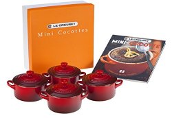 Le Creuset Set of 4 Mini Cocottes with Cookbook, Cherry