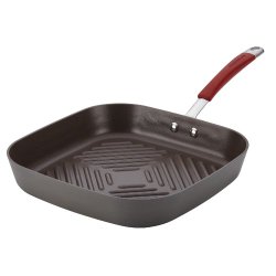 Rachael Ray Cucina Hard-Anodized Nonstick 11-Inch Deep Square Grill Pan, Gray with Cranberry Red Handle