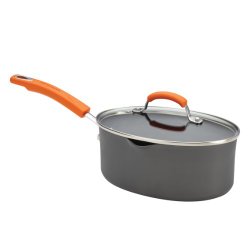 Rachael Ray Hard Anodized II Nonstick Dishwasher Safe 3-Quart Covered Oval Saucepan with Pour Spouts