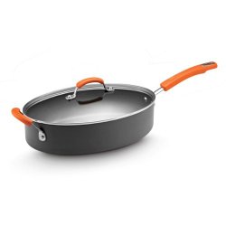 Rachael Ray Hard Anodized II Nonstick Dishwasher Safe 5-Quart Covered Oval Saute with Helper Handle, Orange