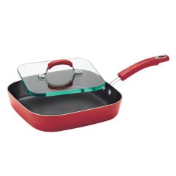 Rachael Ray Hard Enamel Nonstick 11-Inch Square Deep Griddle and Glass Press, Red
