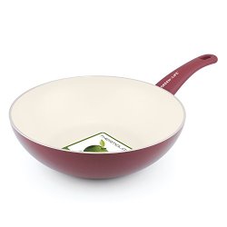 GreenLife 11 Inch Ceramic Non-Stick Wok with Soft Grip, Red