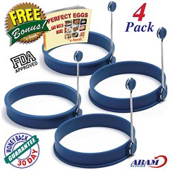 NEW Chef Silicone Egg – Pancake Breakfast Sandwiches – Benedict Eggs – Omelets and More Nonstick Mold Ring Round, Blue (4-pack)