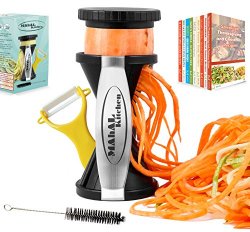Spiral Slicer Spiralizer Complete Bundle – 9 Recipe eBooks e-mailed to you – Vegetable Cutter – Zucchini Pasta Noodle Spaghetti Maker with Vegetable Peeler and Cleaning Brush