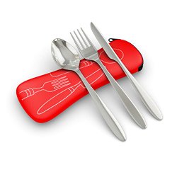 3 Piece Stainless Steel (Knife, Fork, Spoon) Portable Travel / Camping Cutlery Set with Neoprene Case