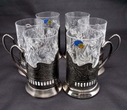 Combination 6 Russian CUT Crystal Drinking Tea Glasses W/metal Glass Holders “Podstakannik” for Hot or Cold Liquids